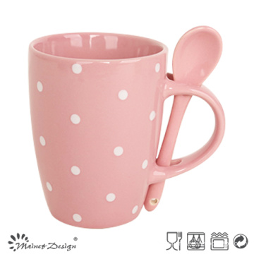 Tasse de 11 oz avec cuillère couleur glaçure solide avec des points